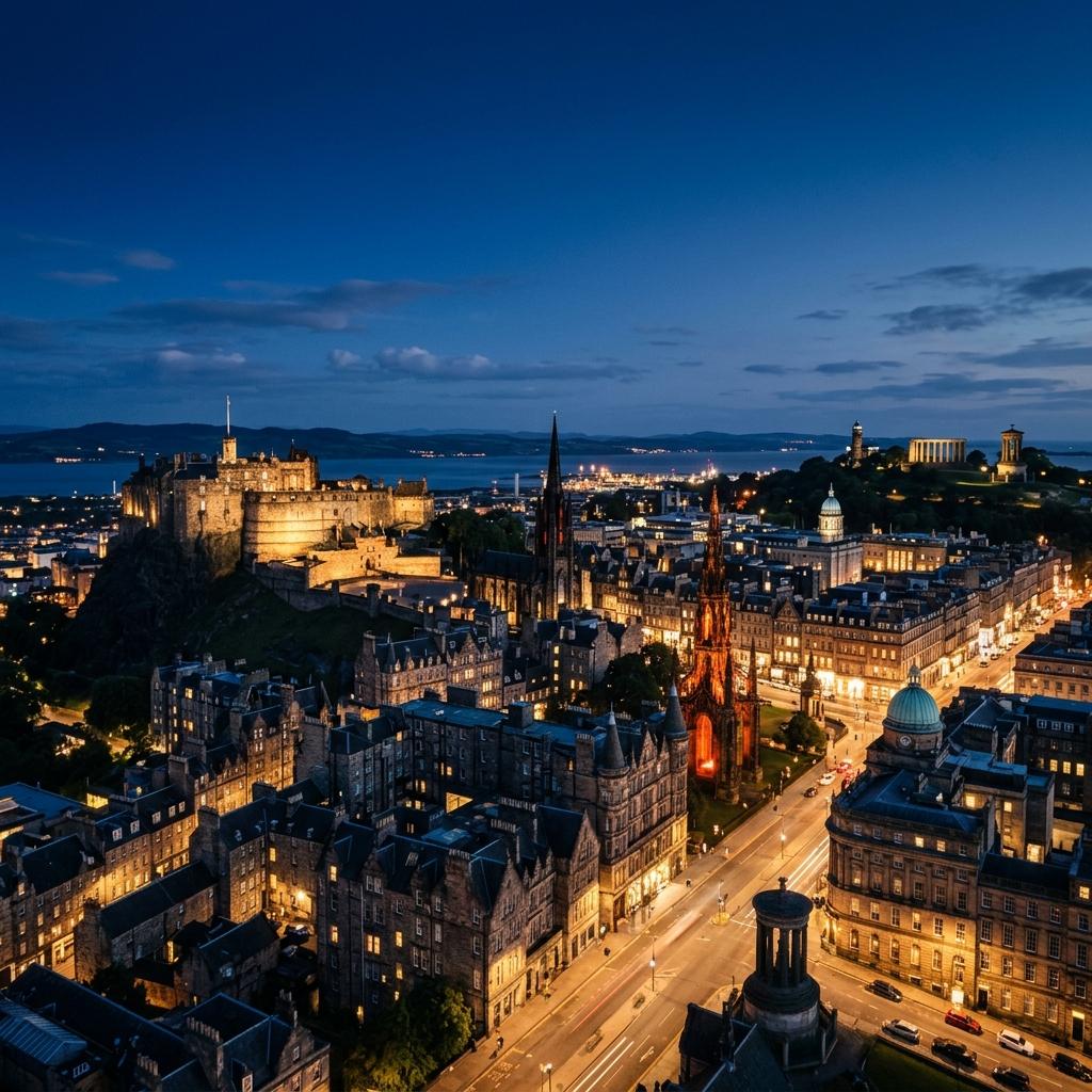 The historic Edinburgh skyline viewed from a distance during the golden hour, symbolizing the route between Perth and Edinburgh Airport.